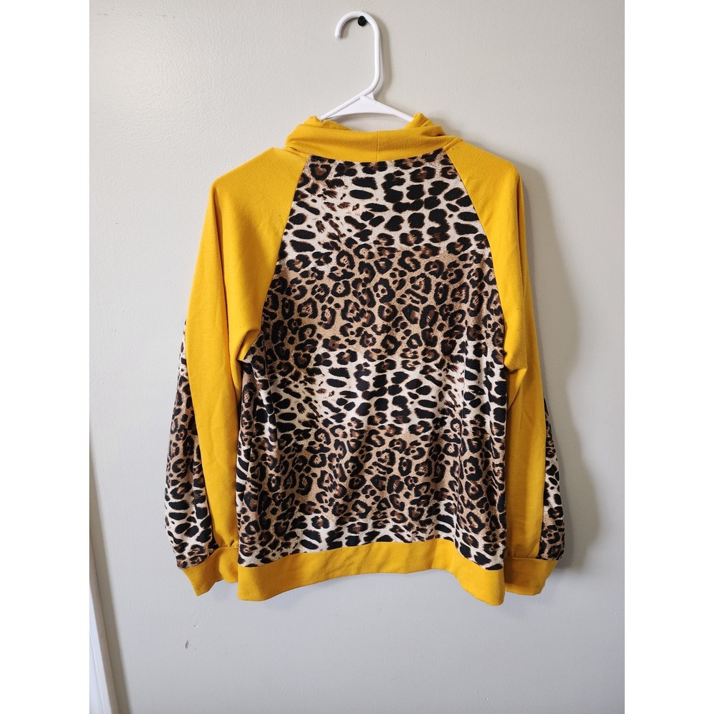 Shadrielle Clothing Mustard Yellow Leopard Print Funnel Neck Hoodie Size Large - Picture 4 of 6